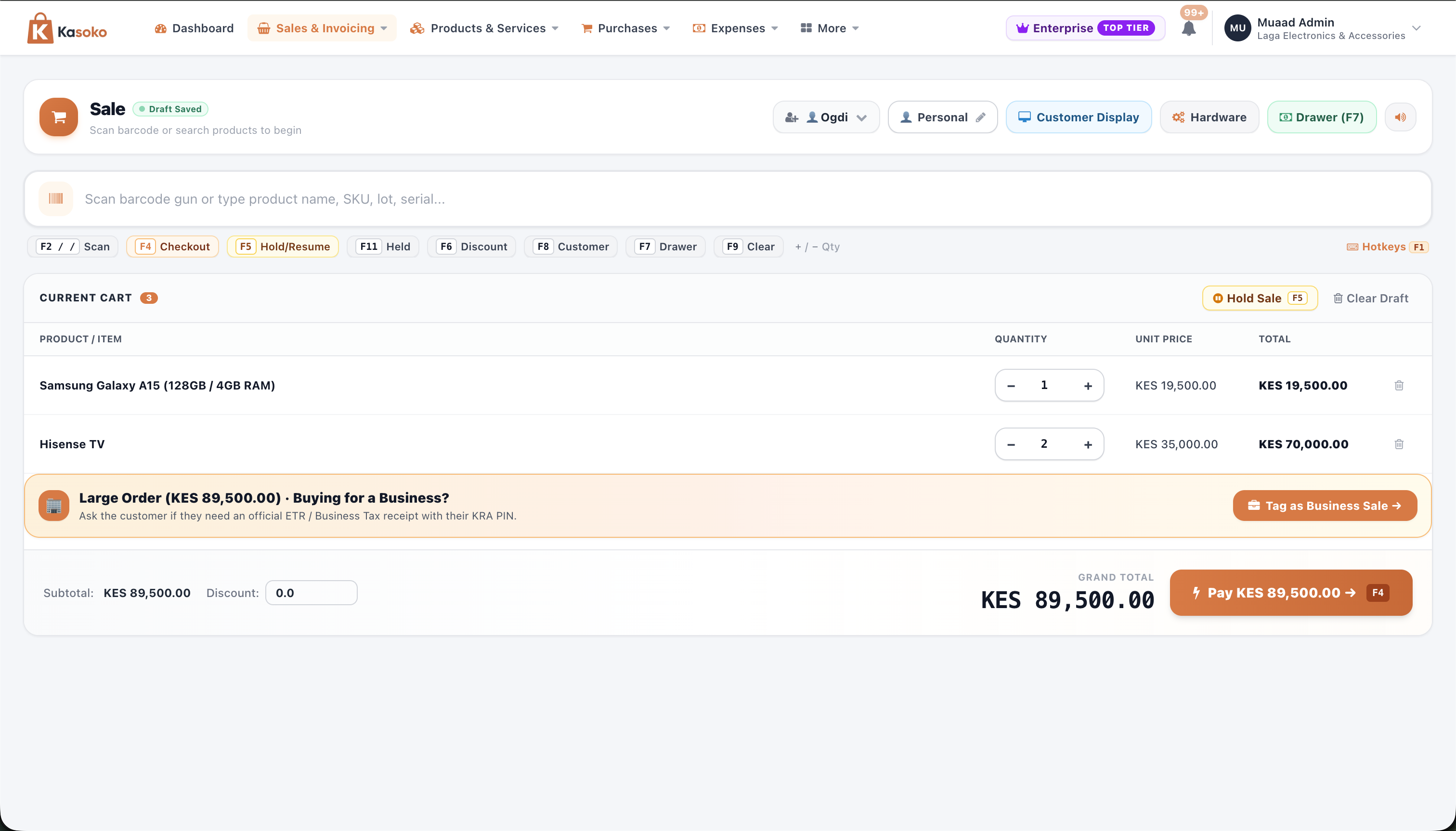 Kasoko POS screen with barcode search, keyboard shortcuts, Customer Screen button, and shopping cart